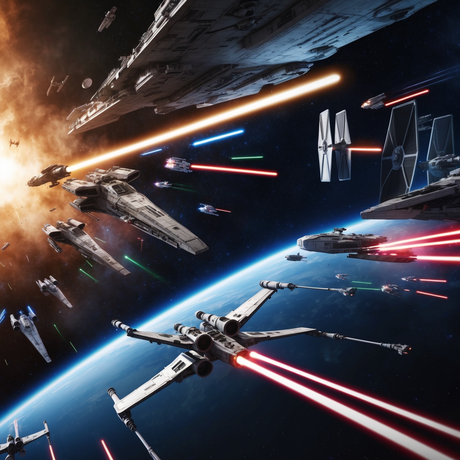 A dramatic Star Wars scene featuring iconic elements: a space battle with starships and lightsabers, complemented by a background score evoking epic and orchestral tones.