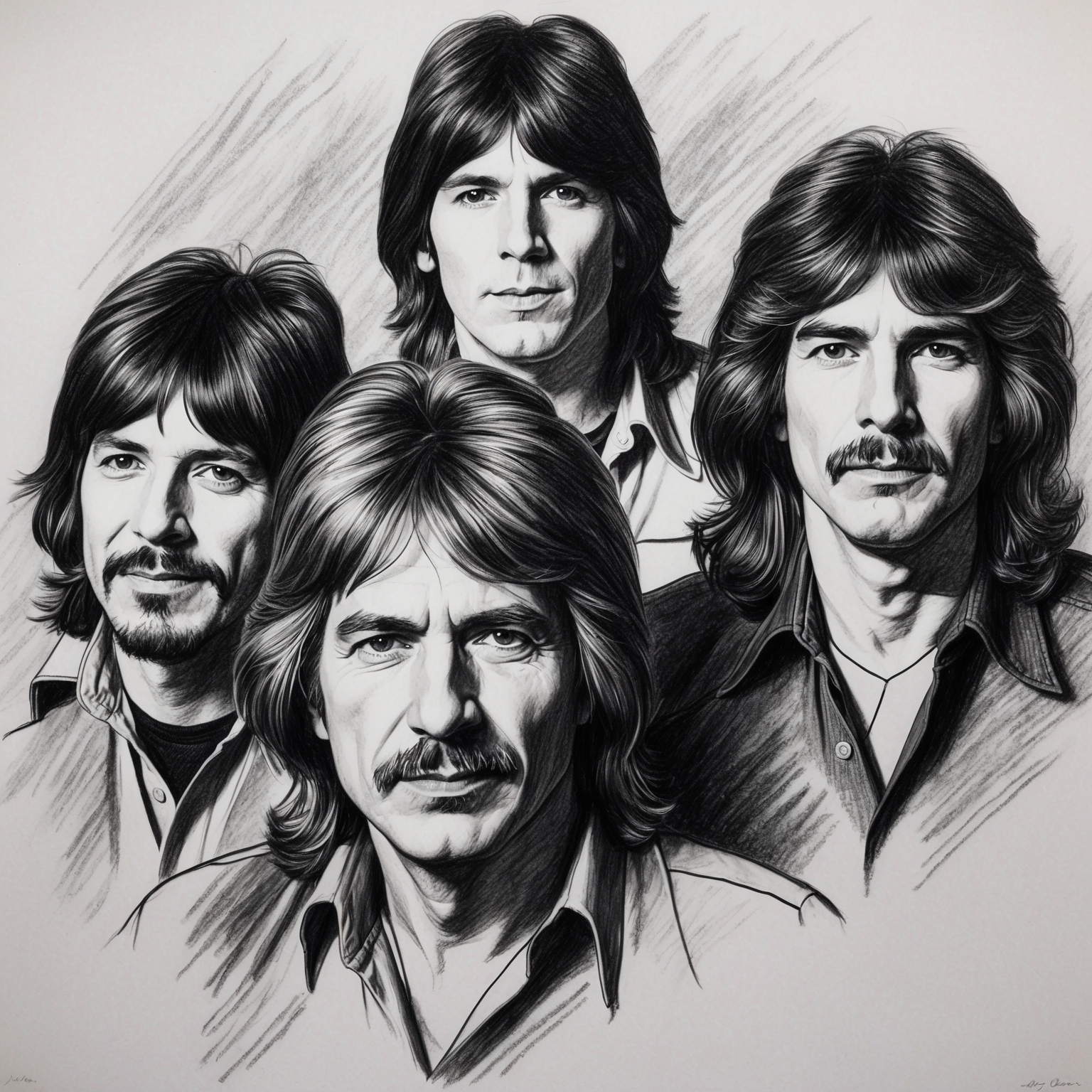 Create a black and white charcoal portrait of the band Journey. The image should reflect a half-finished feel, highlighting key members such as Steve Perry, Neal Schon, and Gregg Rolie during the late 70s era. The drawing should convey the band