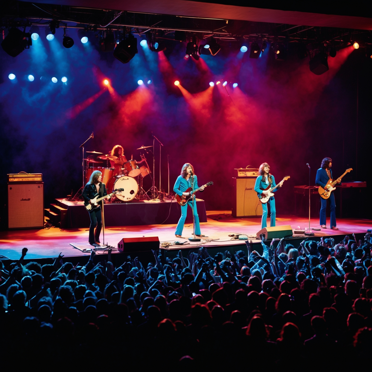 A vibrant early 1970s concert scene showcasing a rock band on stage, surrounded by an enthusiastic crowd. The setting should capture the energy and excitement of a band performing their breakthrough hits. The stage lights create dynamic patterns, enhancing the mood of a pivotal moment in rock music history.