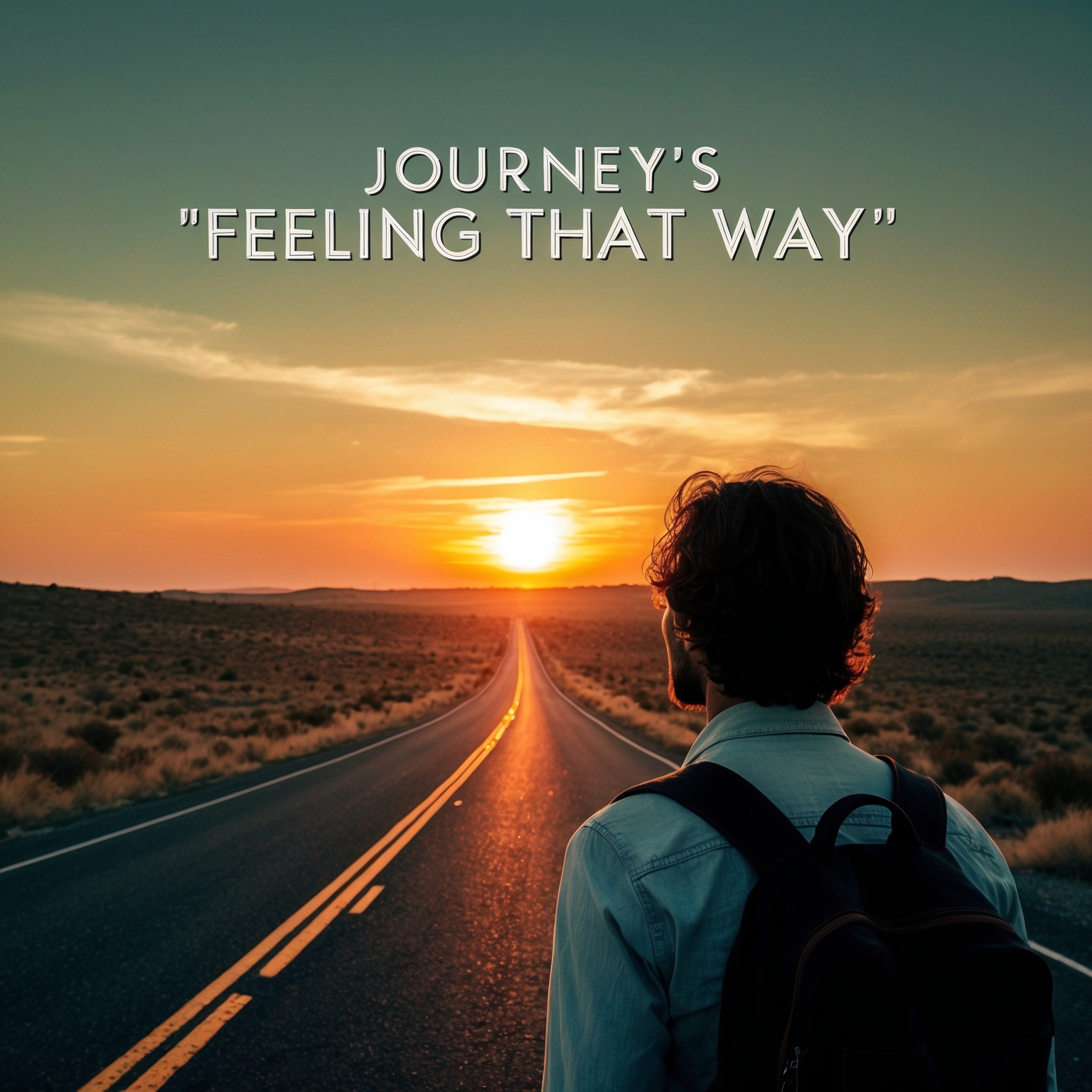 An introspective wanderer glances towards a setting sun over a winding road, symbolizing emotional journeys and self-discovery, reflecting the timeless themes of longing and introspection in Journey