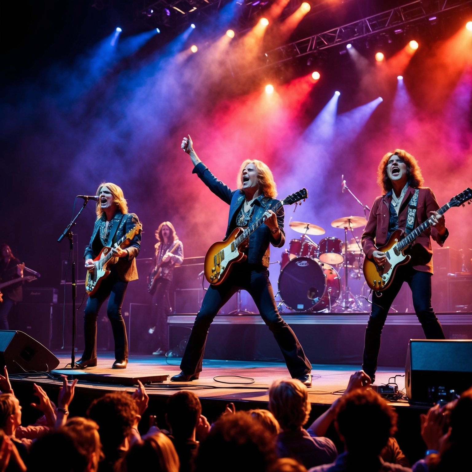 Create an image that captures the scene of a live rock band performing on stage, with dynamic lighting and energetic crowd engagement, reflecting the vivid 1970s rock concert atmosphere. Include elements of performers passionately singing and playing electric guitars, showcasing the timeless connection between band and audience.