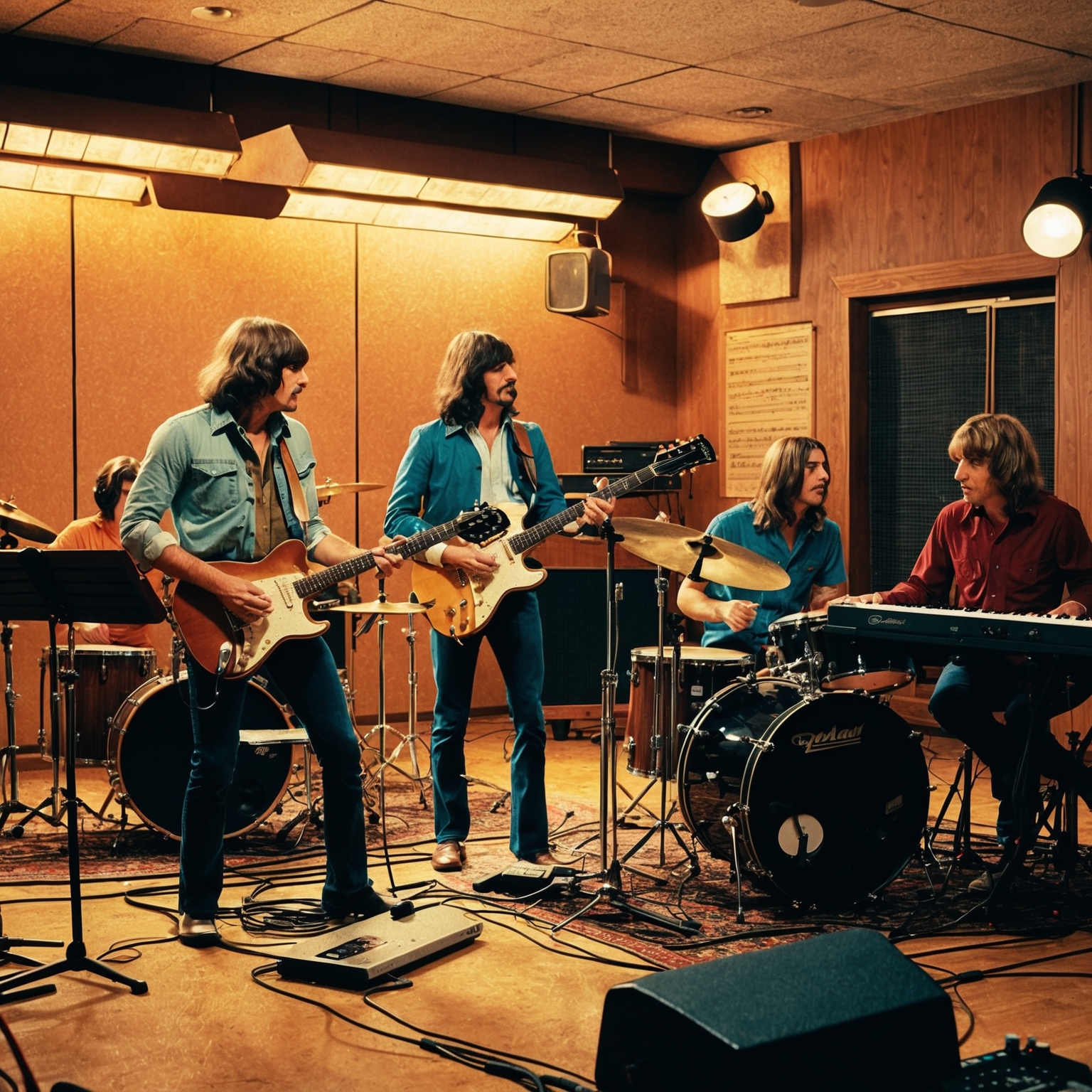 In this image prompt, consider crafting an illustration that captures the essence of a rock band recording session in a vintage 1970s studio. Highlight the classic instruments like the electric guitar, keyboard, and drum set. Show the band members focused on their craft, with an air of collaboration and experimentation. Picture the warm glow of studio lights reflecting off music sheets and guitar strings. Add an element of nostalgia by giving the scene a slightly grainy texture reminiscent of a classic rock era photograph.