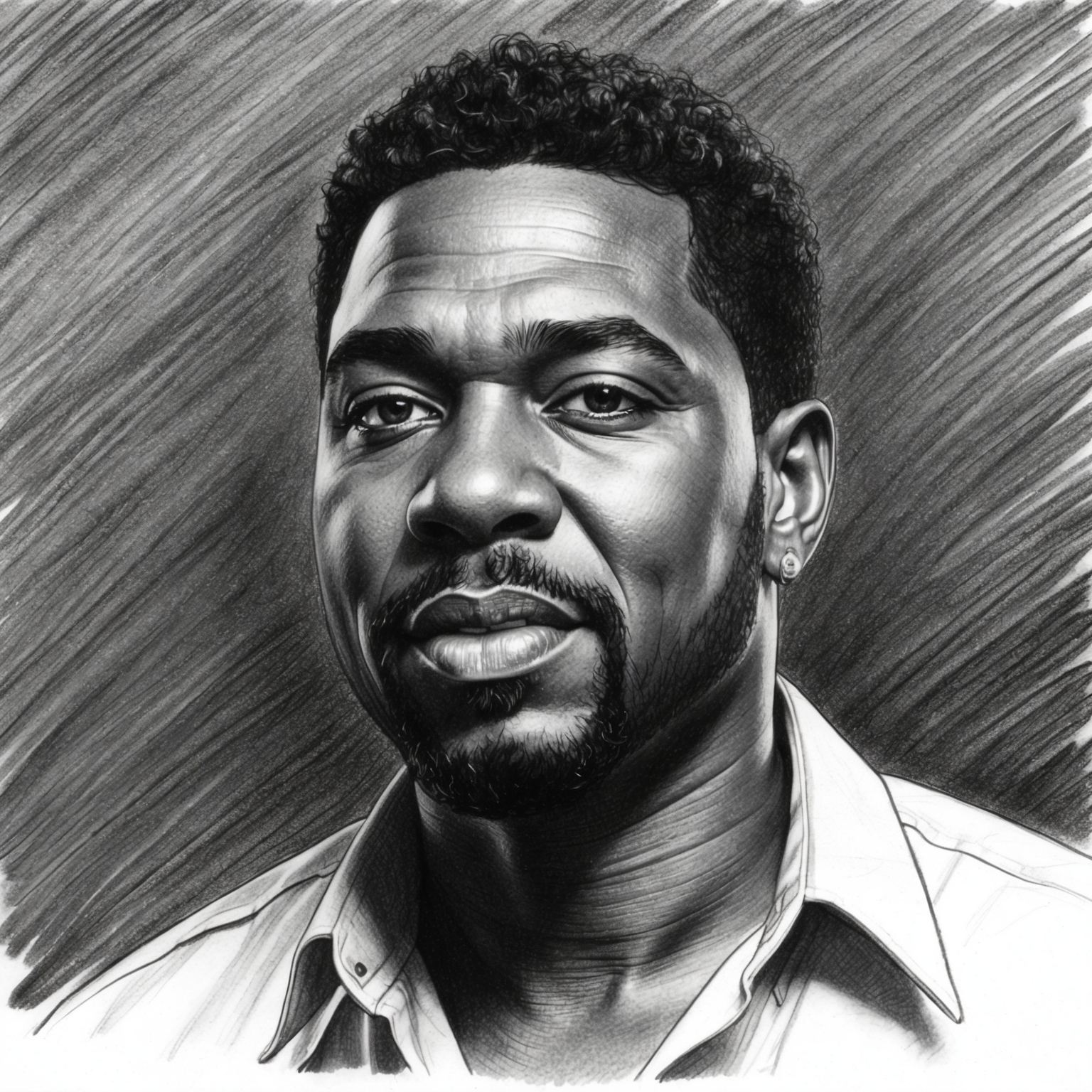 Create a charcoal, stylistic drawing of Keith Sweat, capturing a black and white portrait with a half finished feel. The image should reflect his iconic status as an R&B artist from the New Jack Swing era, capturing the essence of his influential career.