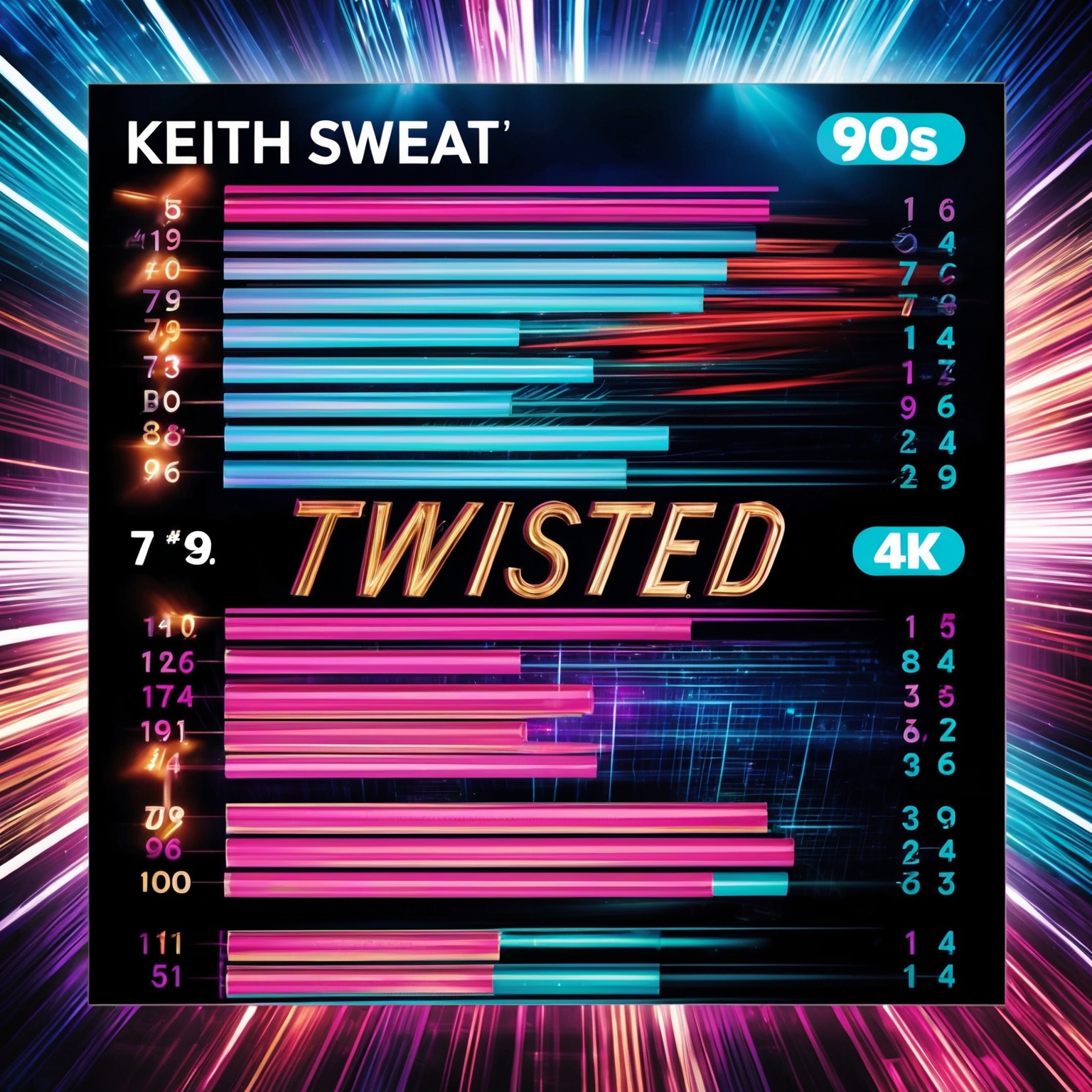 A dynamic depiction of a 90s music chart visual, showing Keith Sweat