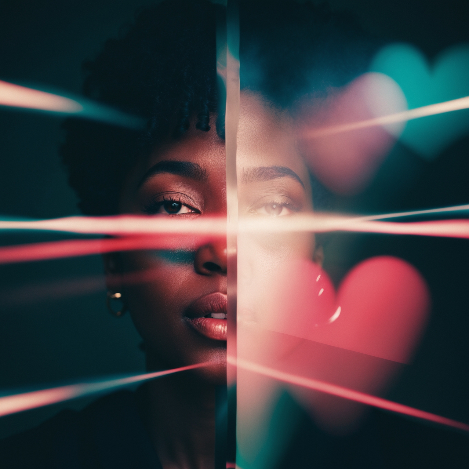 A soulful representation of emotional conflict and longing, with abstract elements signifying love and heartbreak. Capture a sense of 1990s R&B style with contrasting colors or blurred lines, invoking a sense of twisted emotions.