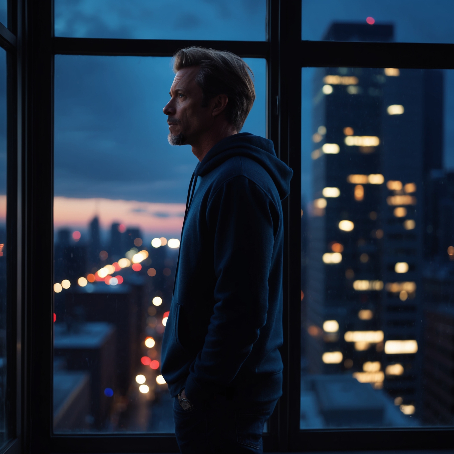 An urban cityscape at dusk featuring Keith Sweat, standing contemplatively by a window with city lights in the background. The scene is dimly lit, creating a moody and introspective ambiance. Capture the feeling of reflection and emotional turbulence, with a focus on urban life and romantic introspection.