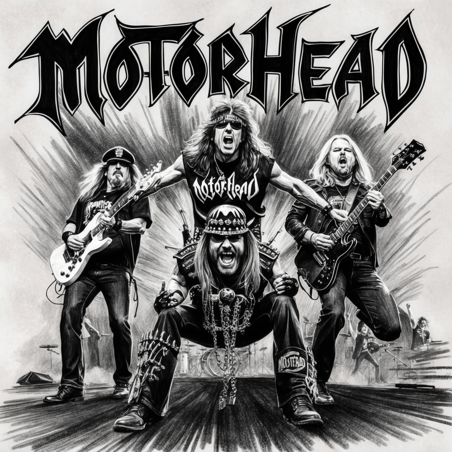 A black and white charcoal drawing of Motörhead, capturing the raw essence of the band, with band members in a powerful pose. The drawing should have a half-finished, stylistic feel, emphasizing Lemmy Kilmister as the central figure in the image. The background should hint at a live performance, with an emphasis on motion and energy, characteristic of the band