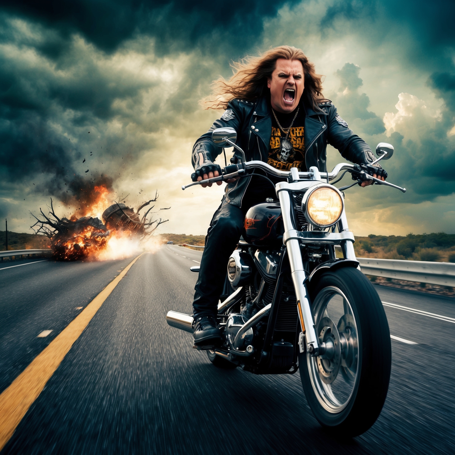 A powerful and rebellious heavy metal music video scene featuring a leather-clad biker storming down a highway, surrounded by elements of rock life and supernatural themes, capturing the essence of rebellion and defiance.