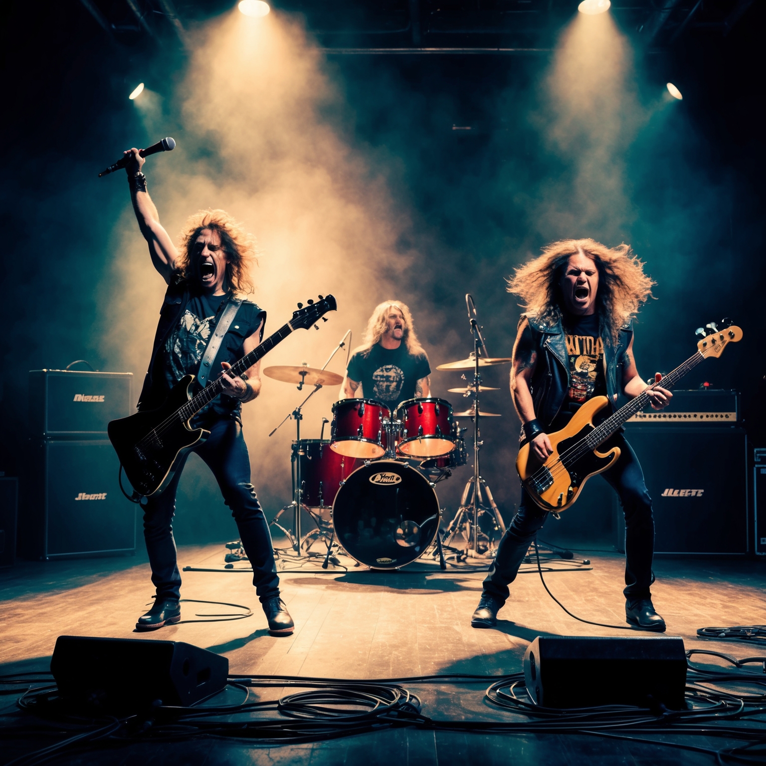 Depict a high-energy rock band performance with electric guitars, a bass guitar, and drums set in a dimly lit studio that exudes an intense and rebellious atmosphere. Capture the essence of a dynamic heavy metal song with aggressive tempos and raw intensity, reminiscent of 1980s rock era.