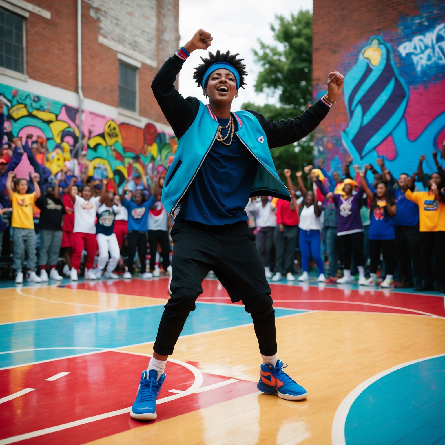 A vibrant music video scene featuring a young pop artist dancing energetically on a basketball court, surrounded by colorful street art and a cheering crowd, inspired by 90s and 2000s pop culture.