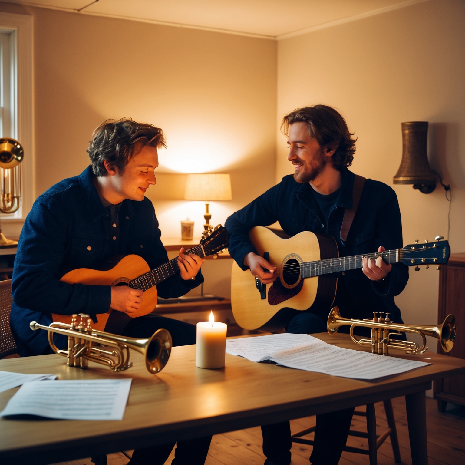 Imagery depicting two musicians in a cozy, candle-lit Icelandic studio, surrounded by acoustic guitars, trumpets, and sheet music. The mood is warm and collaborative, highlighting a sense of shared creativity in crafting indie folk melodies.