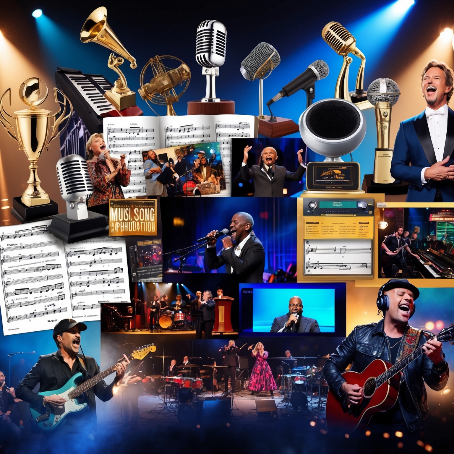 A vibrant and dynamic visual collage showcasing diverse aspects of music appreciation. It should include elements like awards trophies, iconic musical performance moments, vintage microphones, sheet music with lyrics, scenes from a TV show, clips from a competitive video game, and artists passionately covering a song. The background should invoke a sense of musical harmony, with soft spotlight effects highlighting each element.