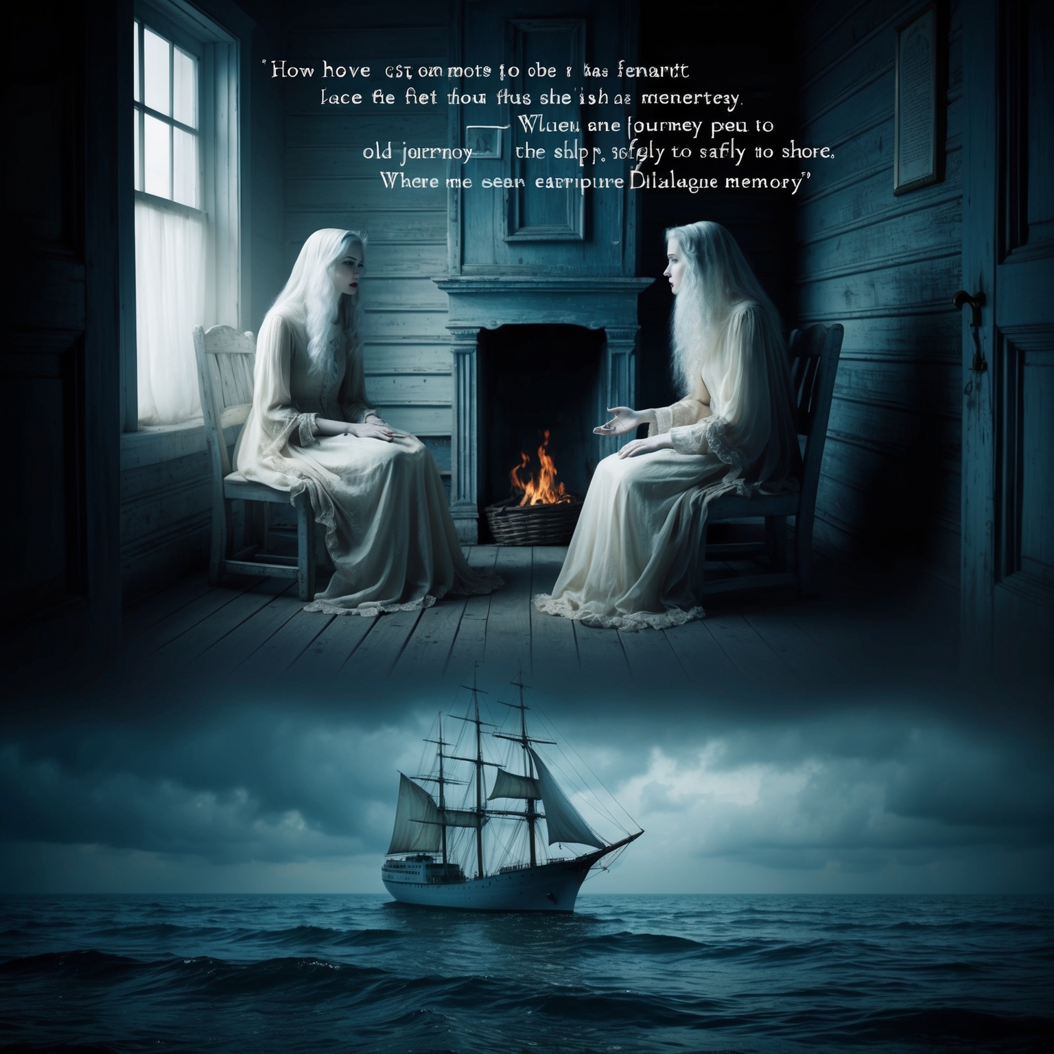 A whimsical and haunting illustration depicting a conversation between ethereal figures in an old, creaky house. Include imagery of a ship journeying safely to shore, reflecting the lyrical metaphor. The atmosphere should be mystical and introspective, capturing the essence of dialogue and memory.