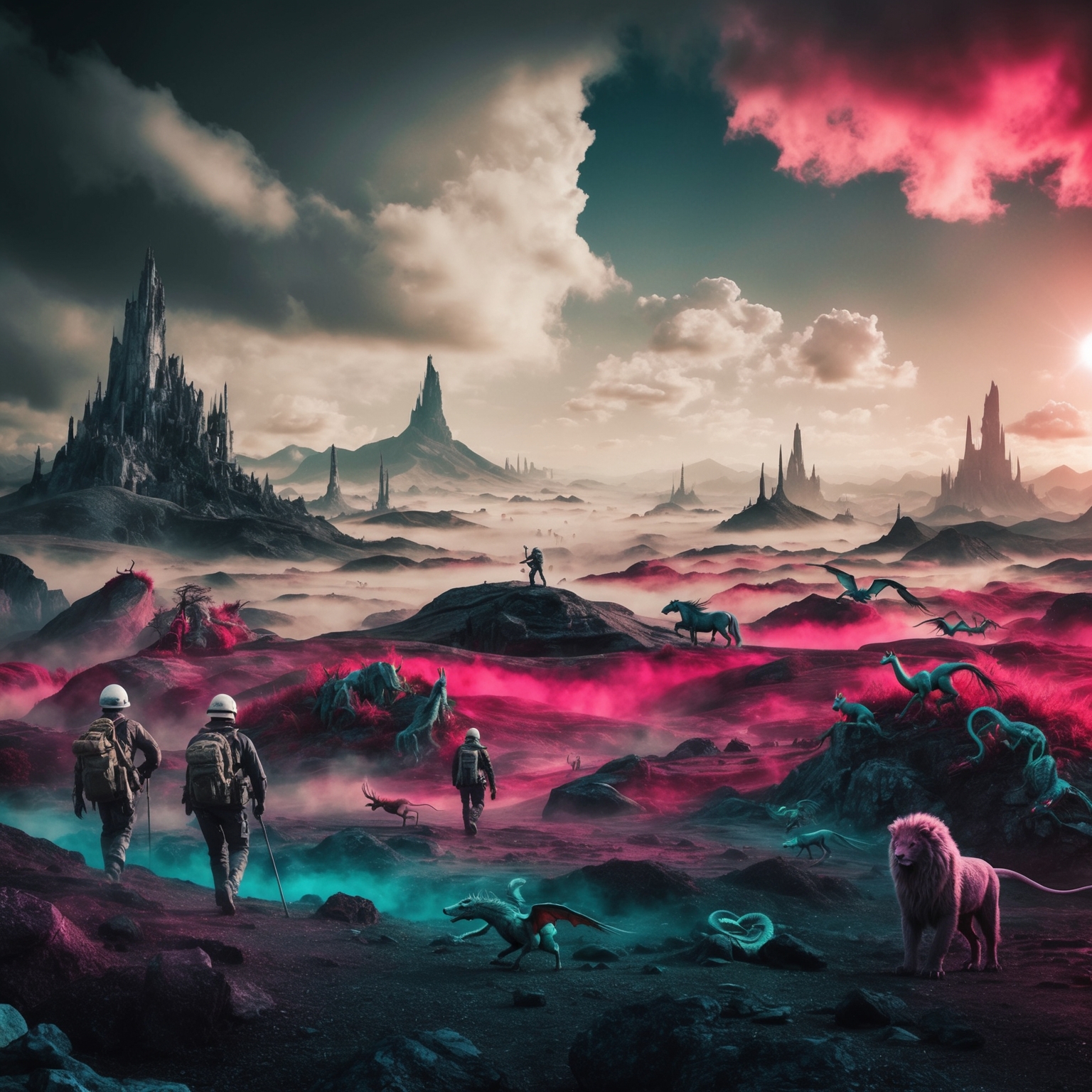 A surreal, dreamlike landscape where explorers navigate through fantastical terrains with mythical creatures, using a combination of monochrome and vibrant colors, reflecting themes of wonder and mystery akin to a cinematic adventure.