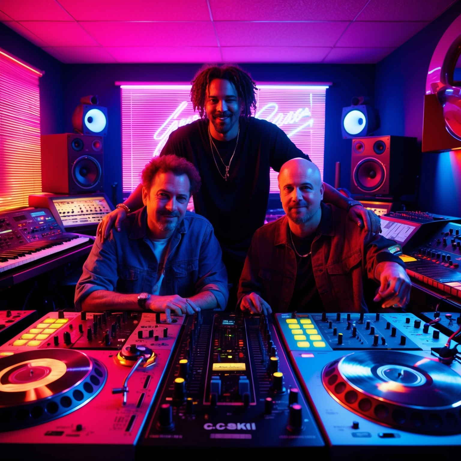 A vibrant 90s music studio scene with composers Jay Ski and C.C. Lemonhead. They are surrounded by musical equipment typical of the era, like synthesizers and turntables. The room is lively, embodying the Miami bass vibe with neon lights and energetic ambiance.