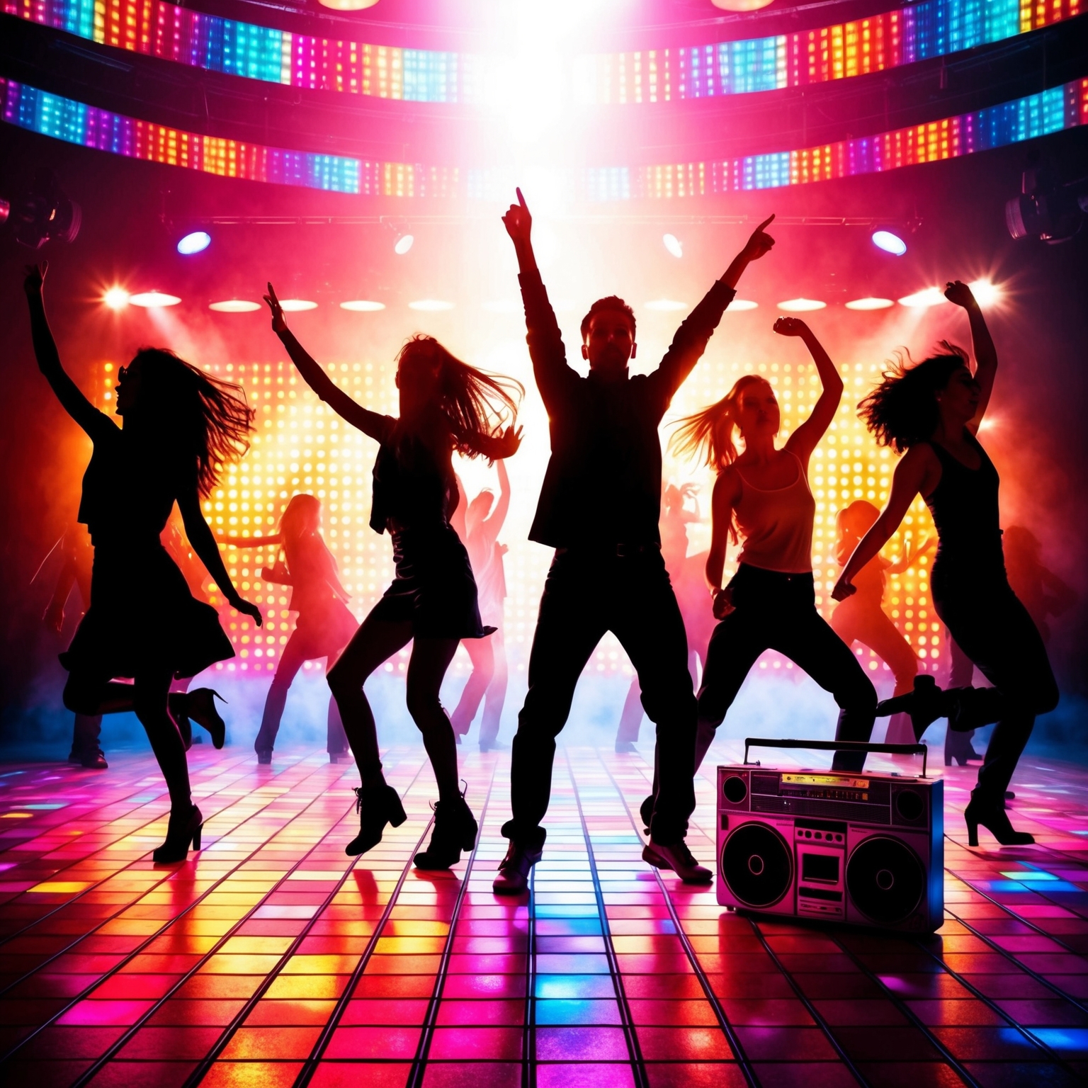 Generate an image of a vibrant 90s dance floor scene with colorful disco lights and silhouettes of people dancing energetically. Include elements symbolizing pop culture from the 90s, such as a retro boom box and a classic film reel, to emphasize the song