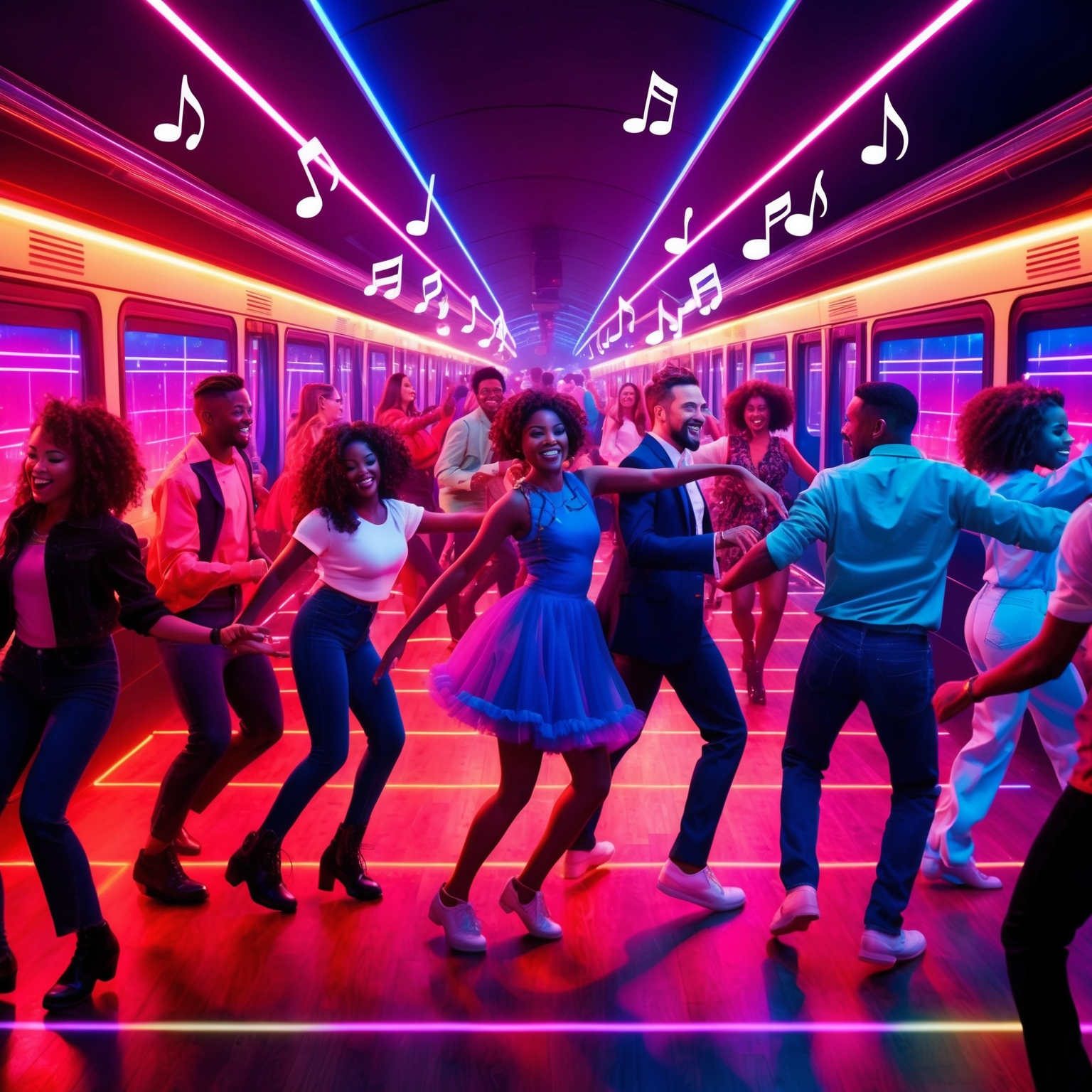 An animated scene depicting a lively dance party with neon lights, capturing the essence of a train-themed dance floor. A diverse group of people are on a vibrant dance floor, with rhythmic movements evoking the motion of a train. The atmosphere is electric, with music notes visualized in the air, reflecting the infectious energy of a 90s dance hit.