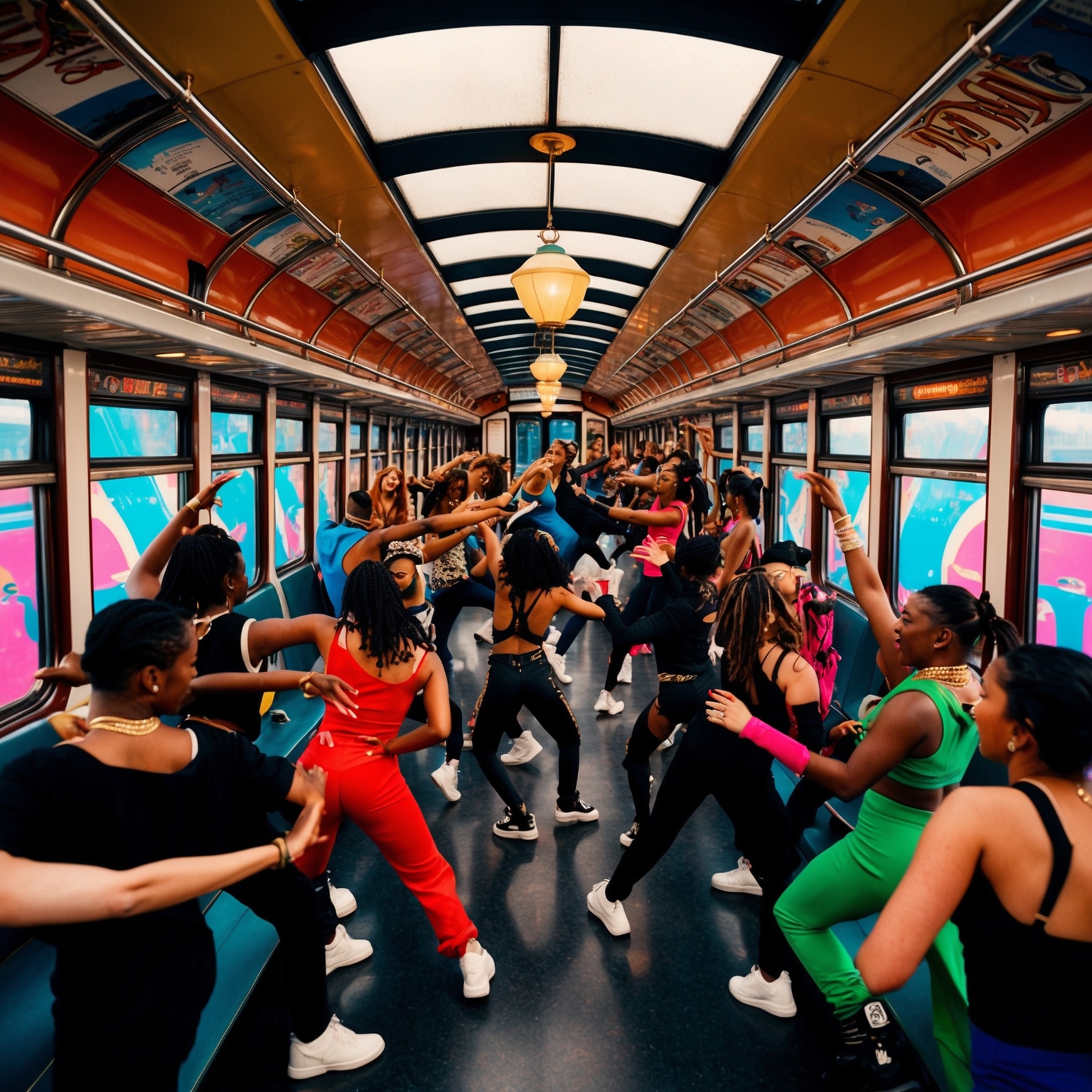 A bustling scene inside a vintage, stylish train filled with dancers, embodying mid-