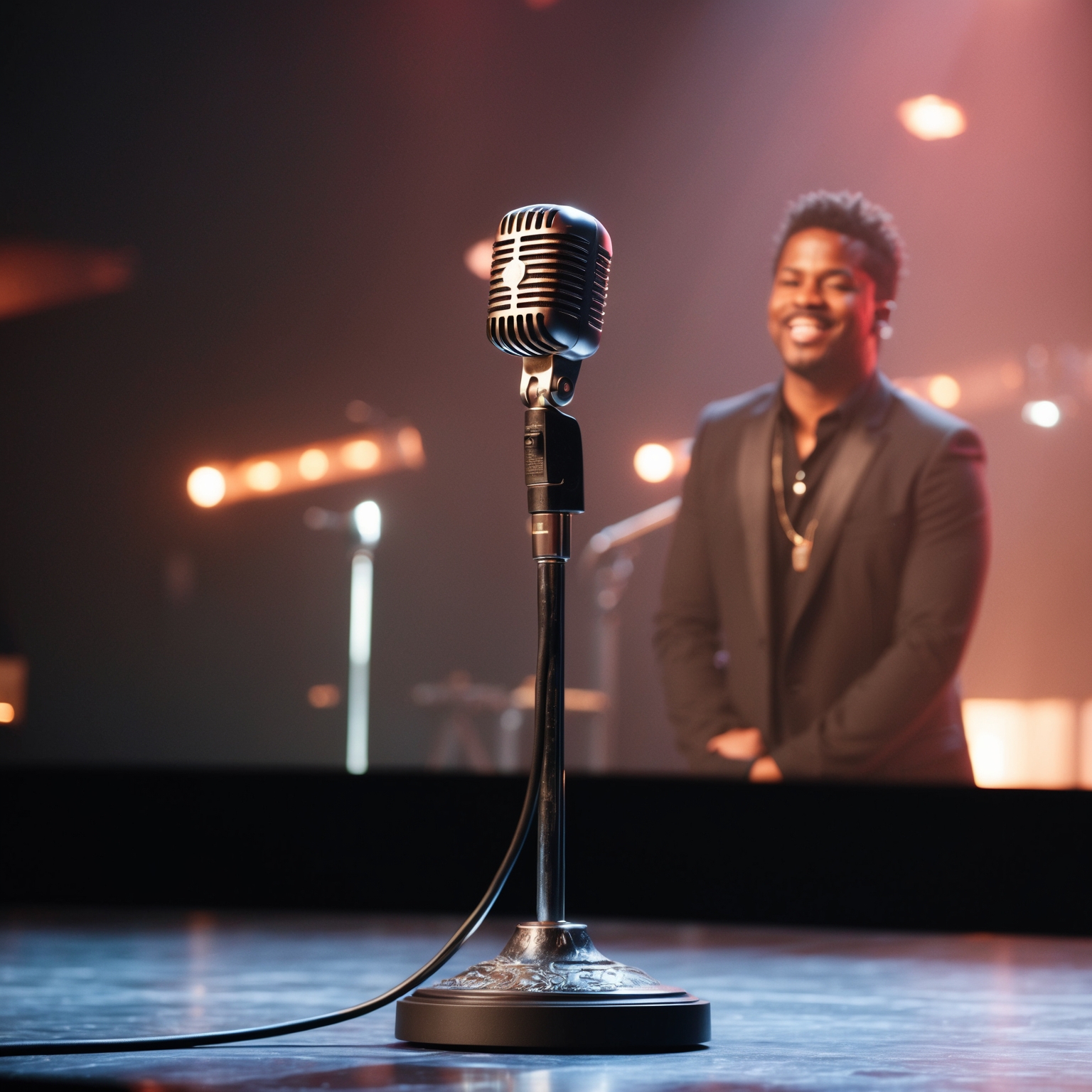 Create an evocative image inspired by a music award ceremony in the 90s, capturing the essence of a soulful ballad performance by Seal. The scene should reflect a nostalgic atmosphere, showcasing a classic microphone stand on stage, adorned with subtle lighting effects evoking an intimate, emotive concert setting. The backdrop hints at an iconic music video moment, symbolizing the timeless appeal of a critically acclaimed song from the era.