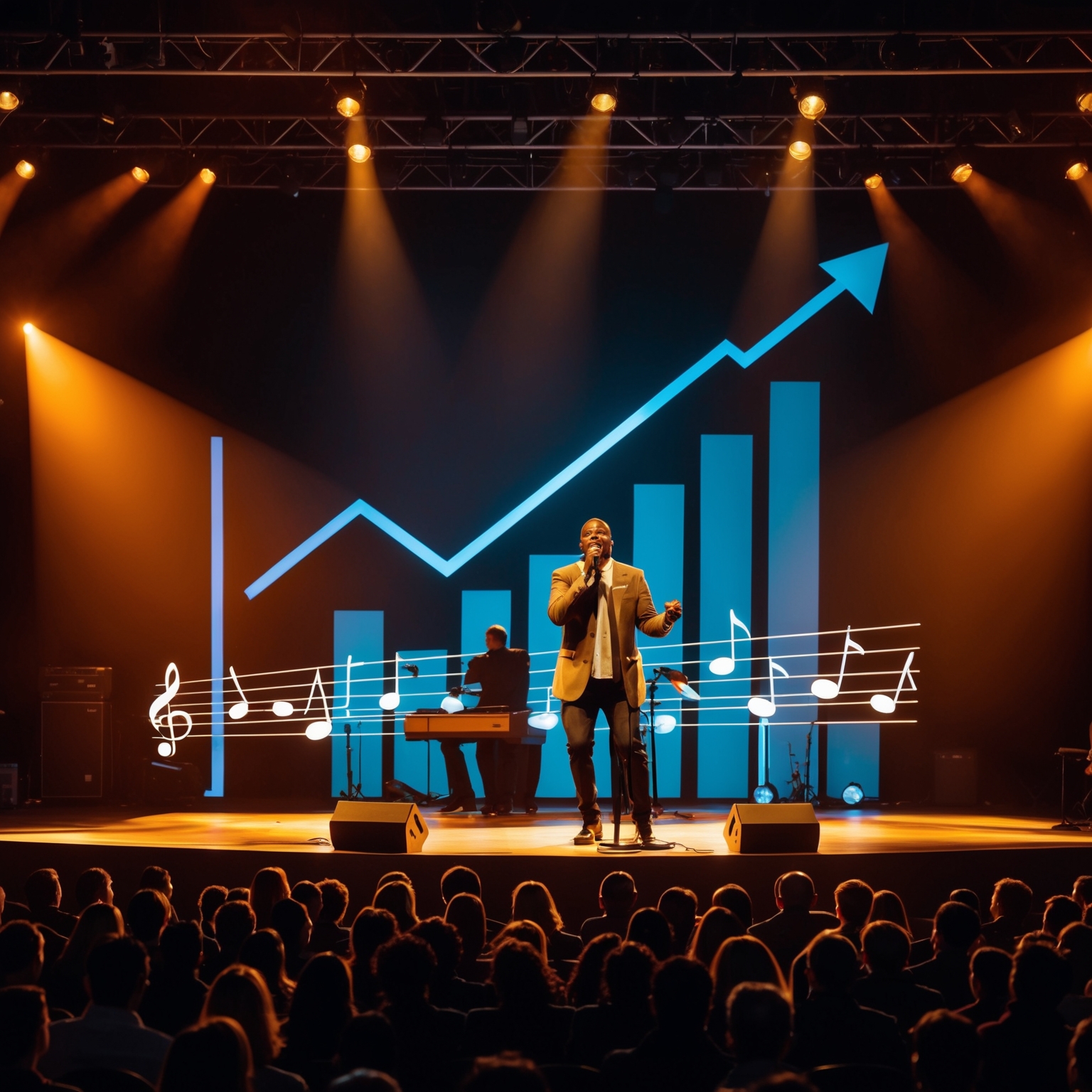 Illustrate an evocative concert scene where a soulful musician performs on a dimly lit stage, illuminated by warm spotlights. The backdrop features a stylized representation of ascending music notes intertwined with chart lines indicative of rising success. The audience, captured in silhouette, is drawn into the spellbinding performance, reflecting the magnetic allure of the music.