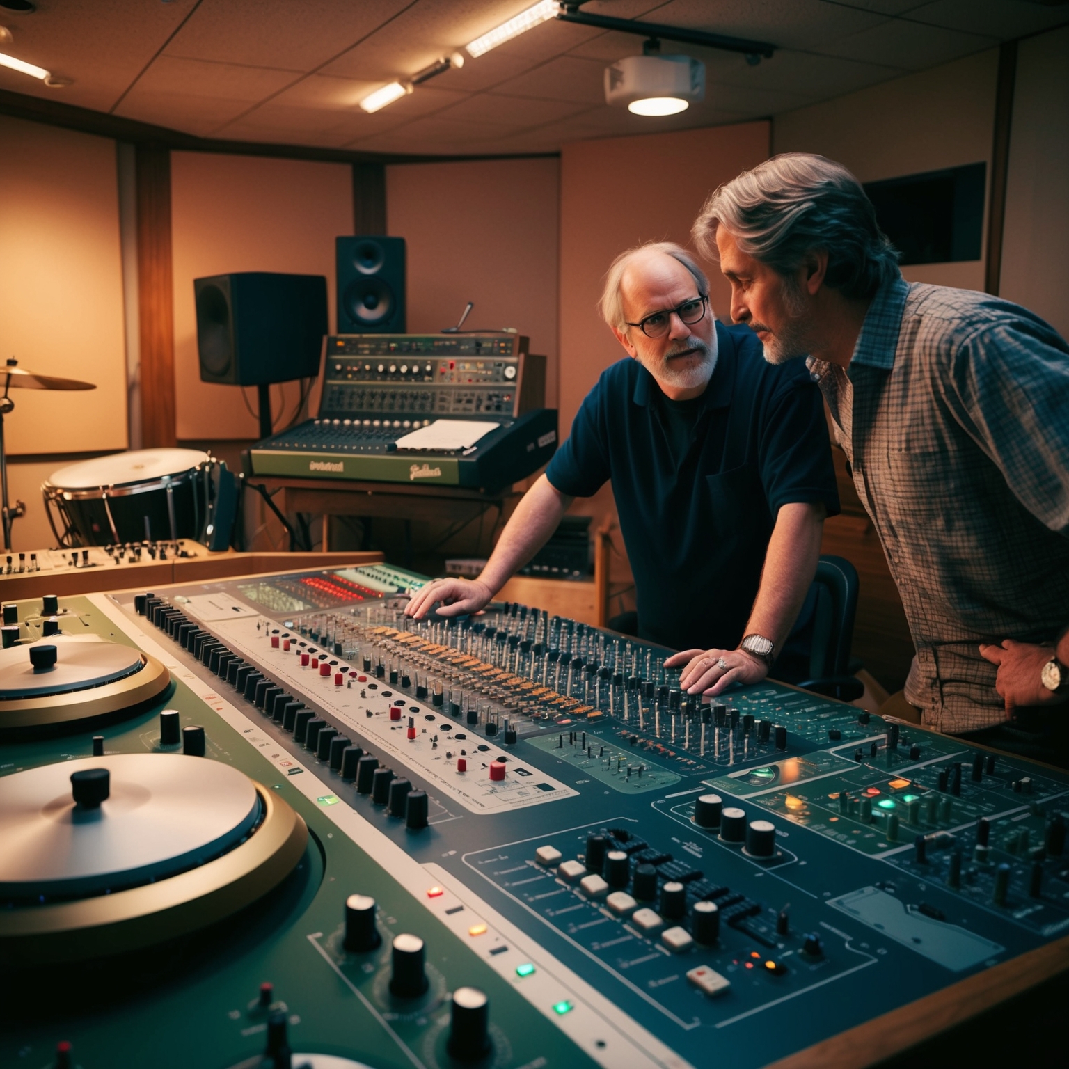 A detailed depiction of a recording studio with a focus on creative sound engineering - instruments like guitars, synthesizers, and percussions are prominent. The studio setting has an early 90s vibe, capturing the essence of collaborative musical creation. Soft lighting enhances the mood of introspection and creativity. Trevor Horn is present, discussing over a mixing console with Seal, emphasizing their collaboration.