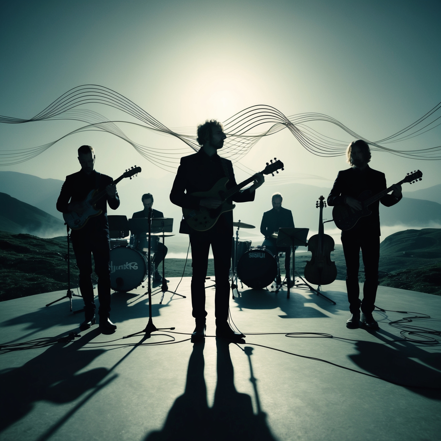 An ethereal landscape with shadows of musicians in the foreground, capturing Sigur Rós