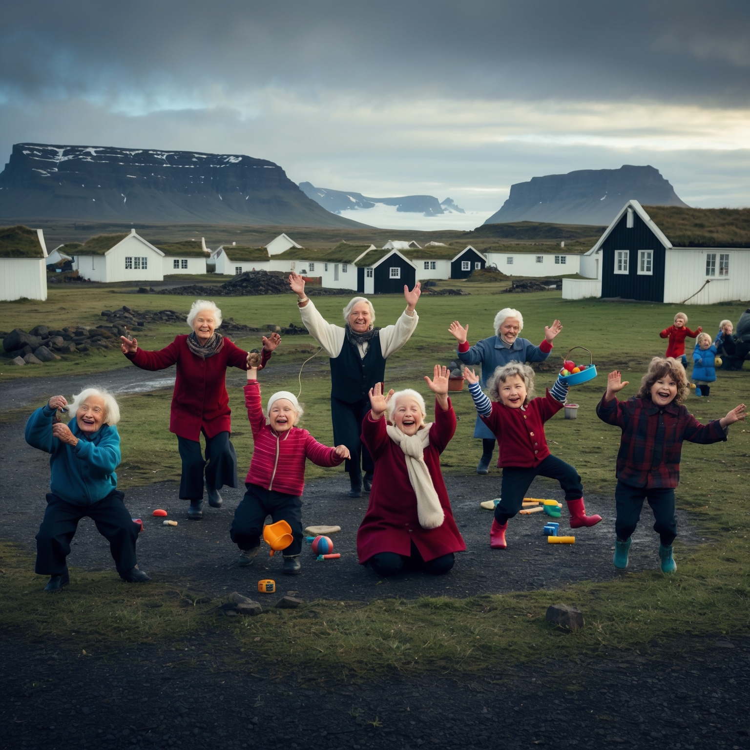 A serene Icelandic village with elderly people joyfully engaged in childlike activities, surrounded by natural landscapes. Atmosphere of innocence and wonder, capturing themes of timeless joy and nostalgia.