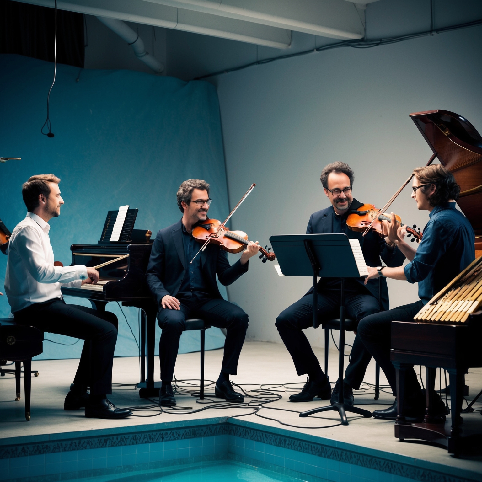 An atmospheric scene in a studio setting, capturing a moment of collaboration between musicians surrounded by instruments like strings, piano, and glockenspiel, with a backdrop suggesting a converted swimming pool, evoking a sense of creativity and innovation.