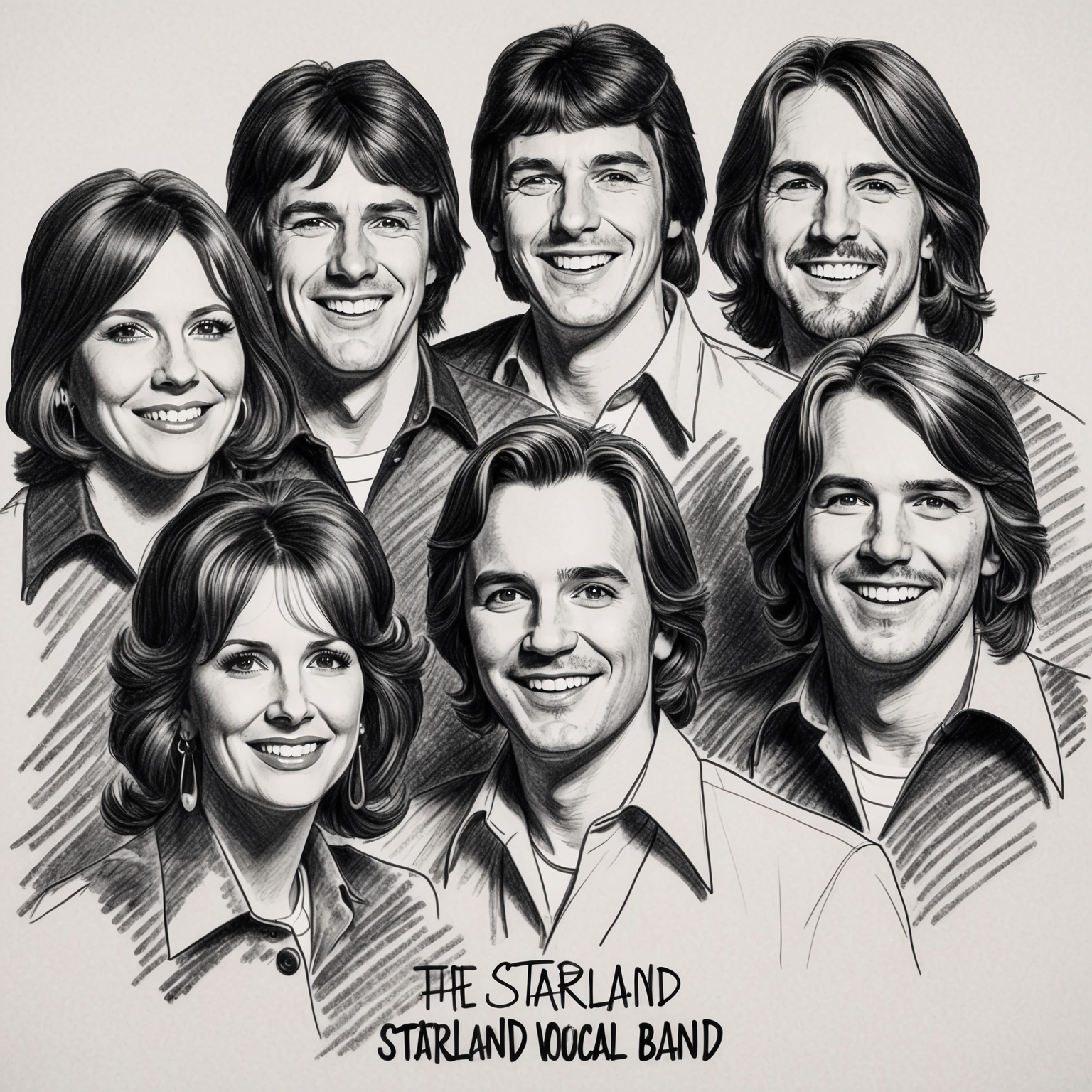 Create a black and white charcoal portrait of the Starland Vocal Band. Capture the essence of a mid-1970s musical group with harmony and creativity in their expressions. The drawing should have a half-finished, stylistic feel, showcasing the band members in their prime.