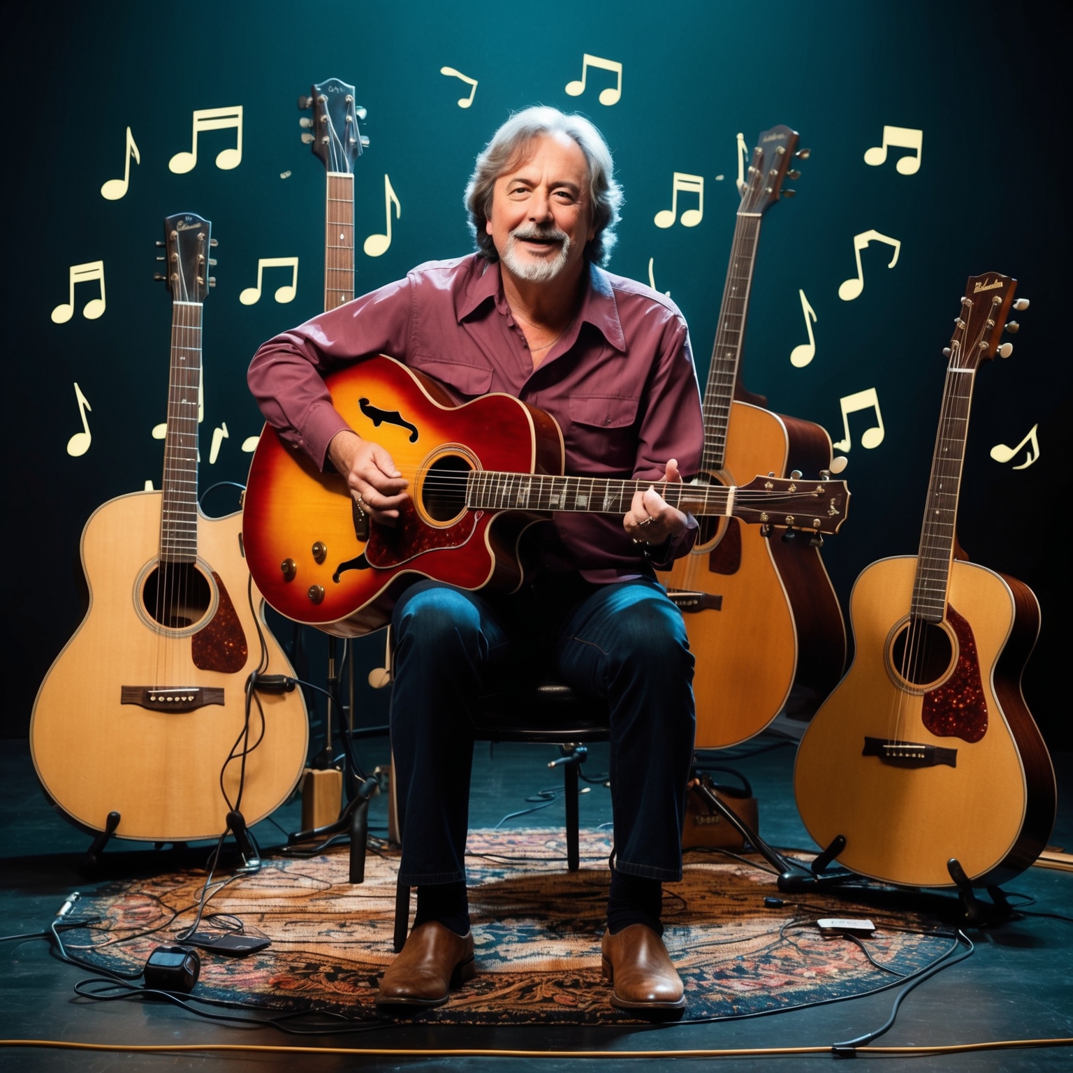 Compose an image depicting a composed scene of Bill Danoff during a jam session, surrounded by musical notes and guitars, in a 1970s folk-pop style atmosphere.