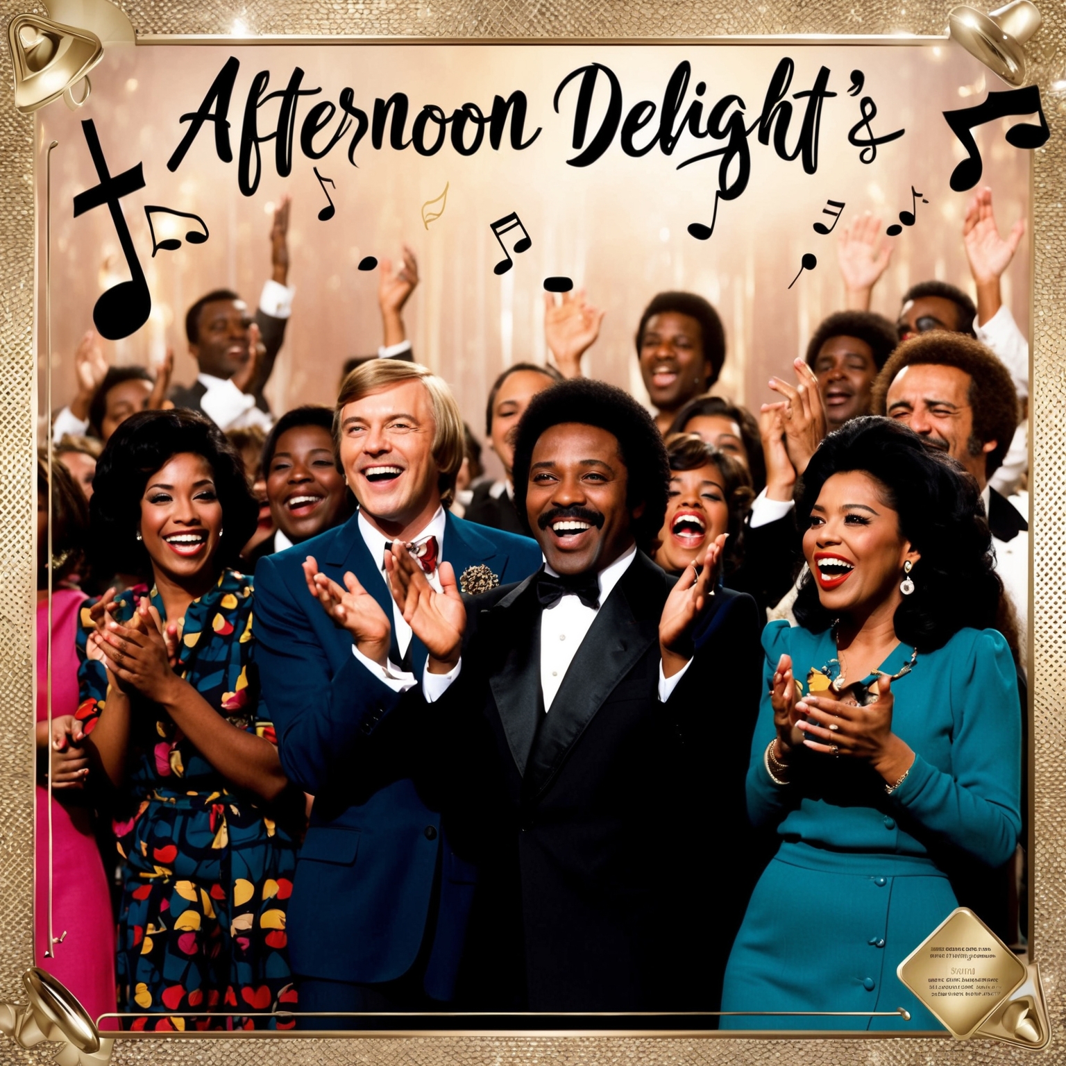 A vintage 1970s style celebration scene with a crowd clapping and smiling, music notes floating around, and a subtle backdrop that hints at a Grammy Award ceremony. The atmosphere is joyful and exuberant, capturing the essence of 