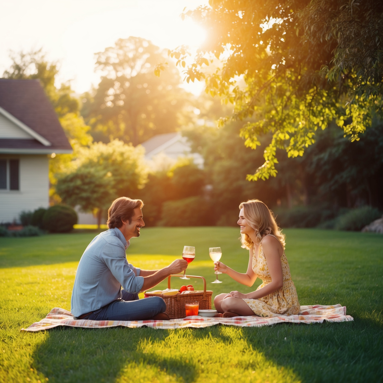 Create an image depicting a 1970s suburban afternoon scene filled with warm, golden sunlight. Include a couple enjoying a picnic on a lush green lawn, with subtle hints of playfulness and romance. Capture the essence of spontaneous affection and intimate connection, reflecting a nostalgic yet vibrant atmosphere.