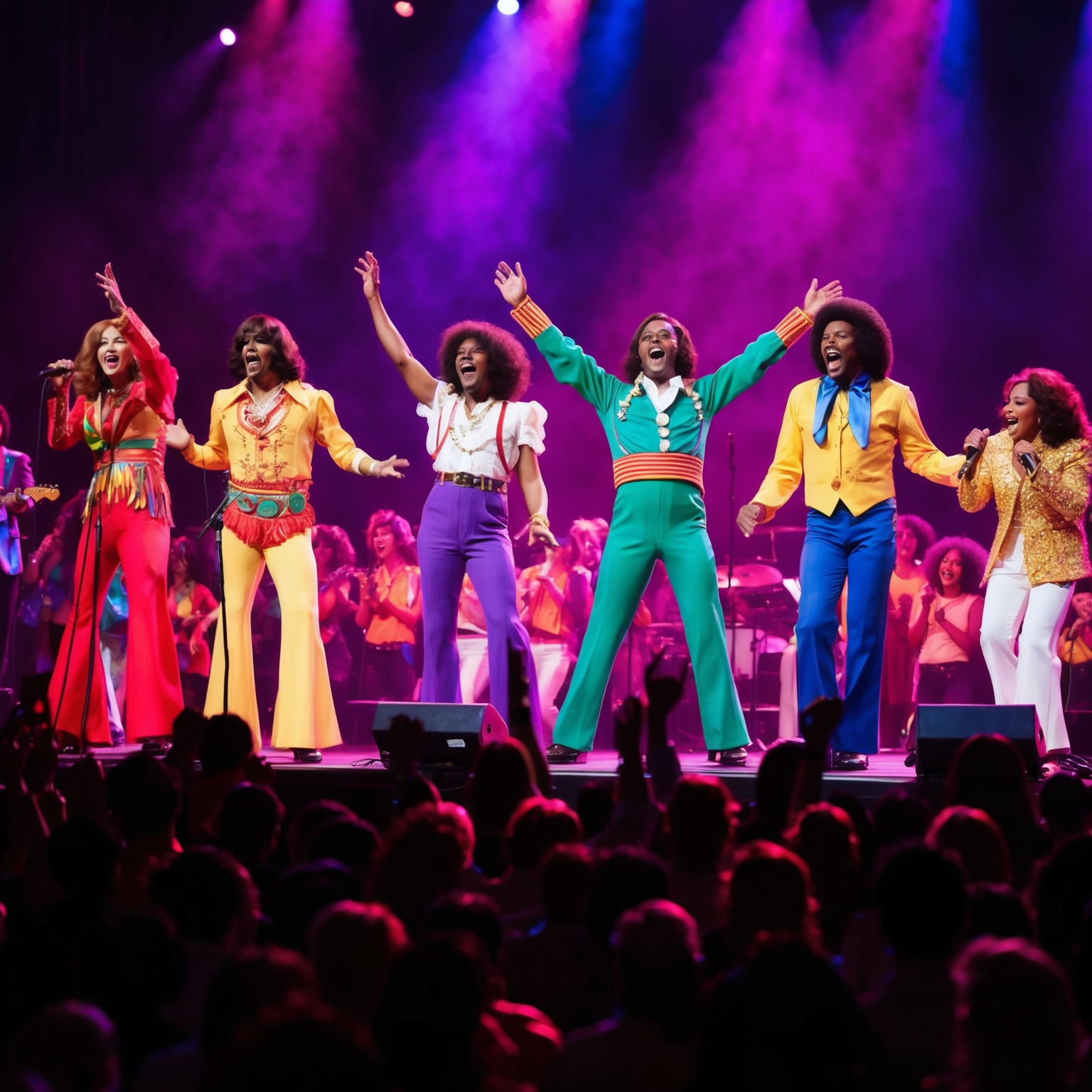 A lively stage performance with a 1970s band featuring vibrant costumes, harmonious singing, and a cheerful audience, capturing the essence of the era