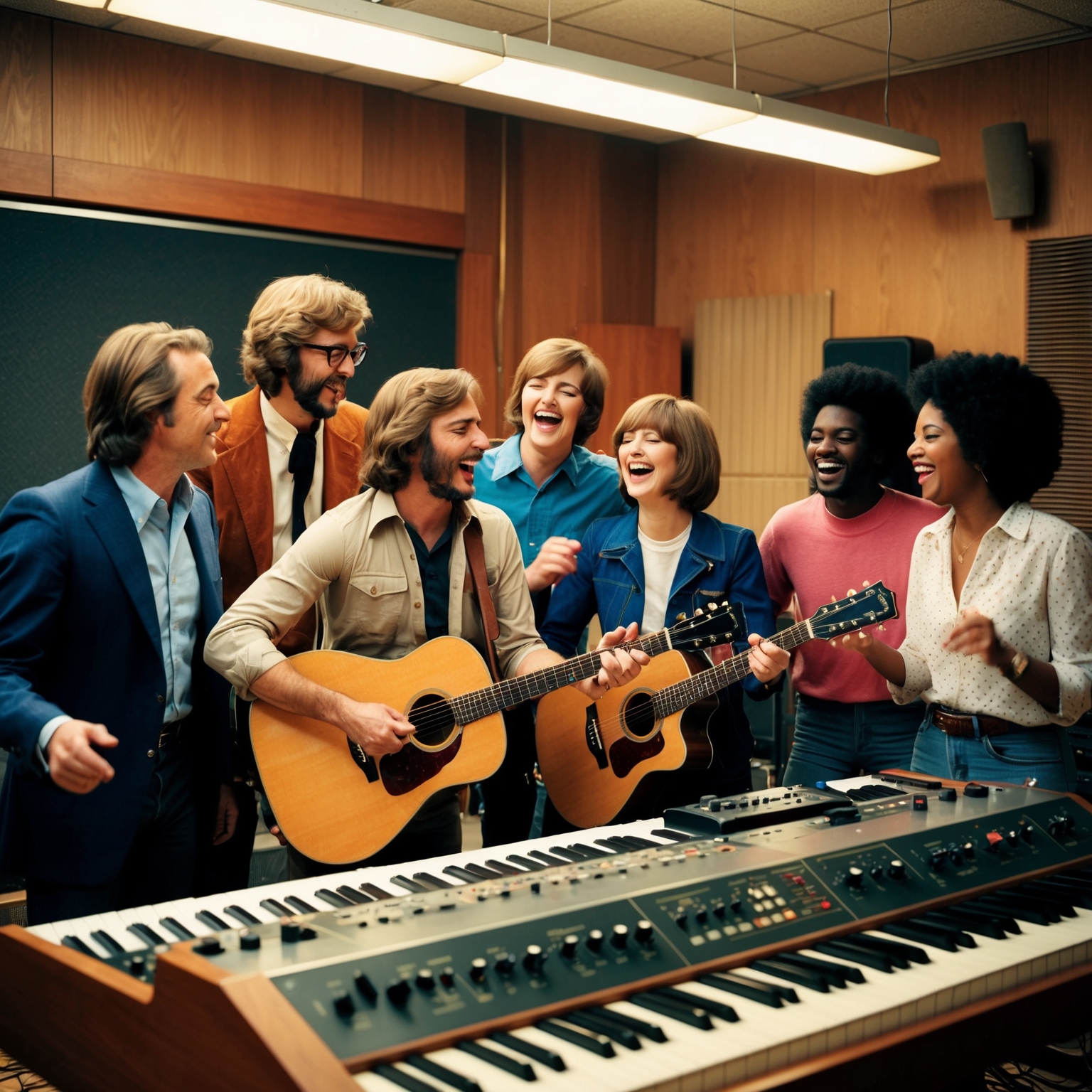 A vintage recording studio from the late 1970s with classic sound equipment. A diverse group of musicians passionately collaborating on a light and upbeat song. Highlight acoustic guitars, keyboards, and vocal harmonies harmonizing beautifully, capturing the essence of cooperation and creativity in music production from this era.