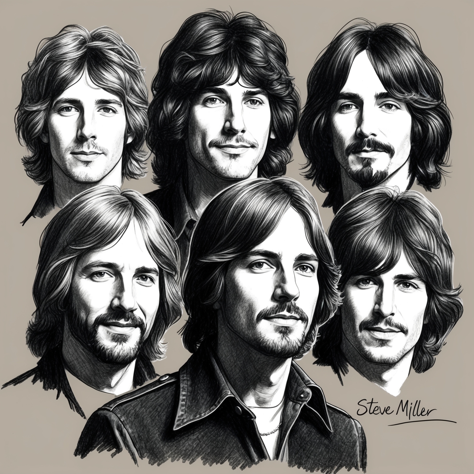 Create a charcoal, stylistic drawing of the Steve Miller Band for a black and white portrait. The drawing should have a half-finished feel, capturing their essence during the 1970s.