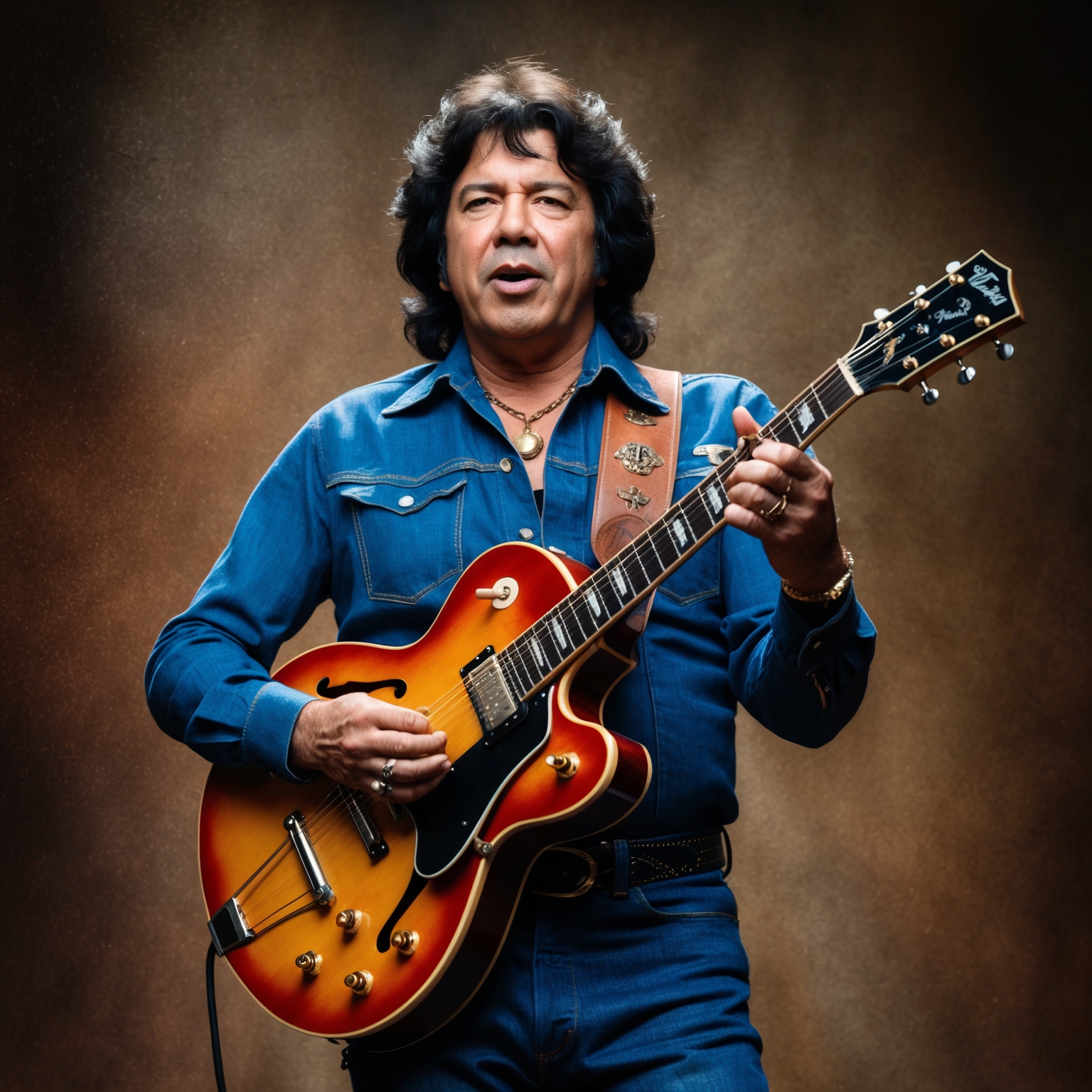 A portrait of Paul Pena playing a guitar, capturing his unique style and energy, infused with elements representing blues and rock genres, with vintage 1970s musical ambiance.