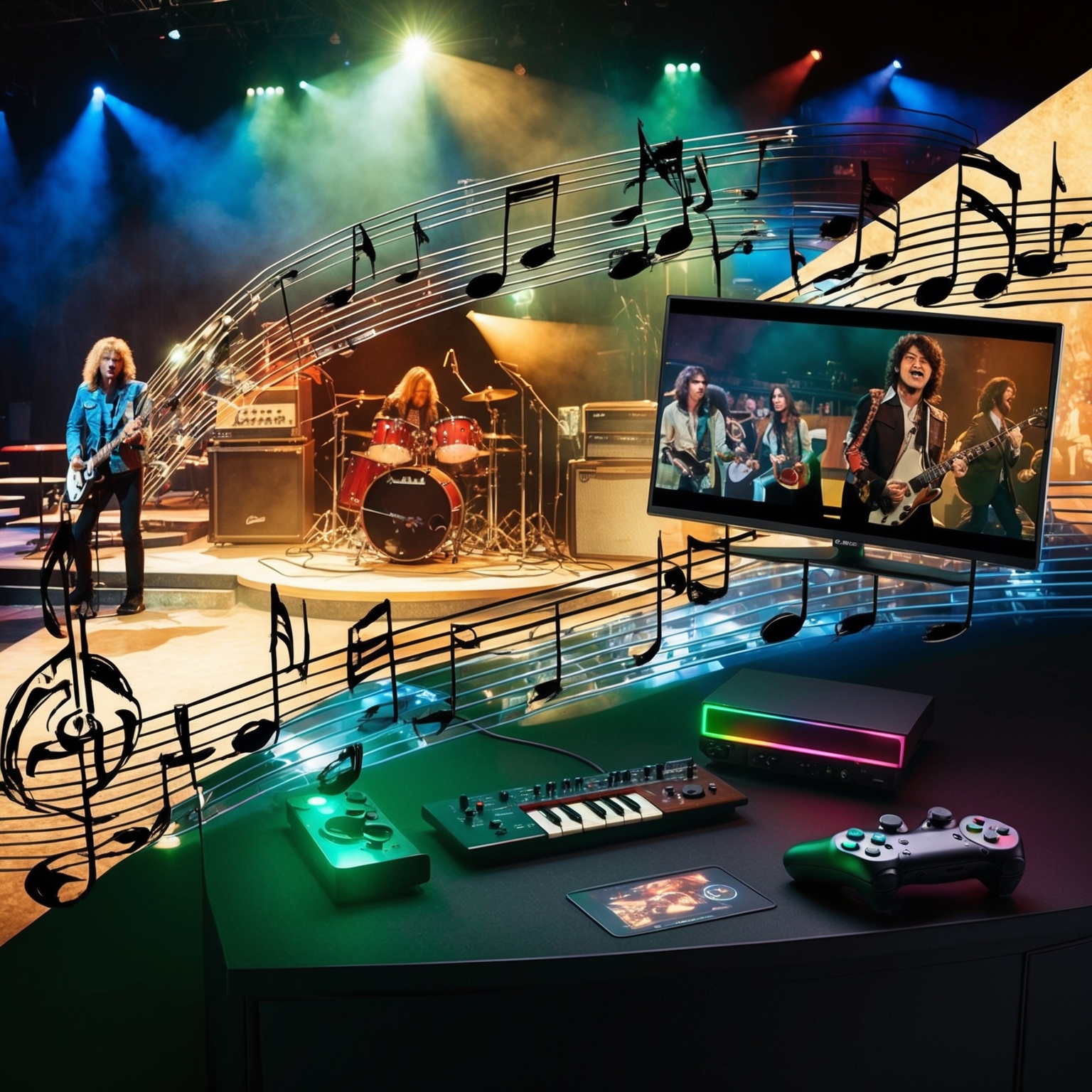 A classic rock song’s cultural impact, showing a stage setting with musical notes around, blending with images of a movie scene and a video game setup, emphasizing the timeless nature of music and its broad cultural relevance.