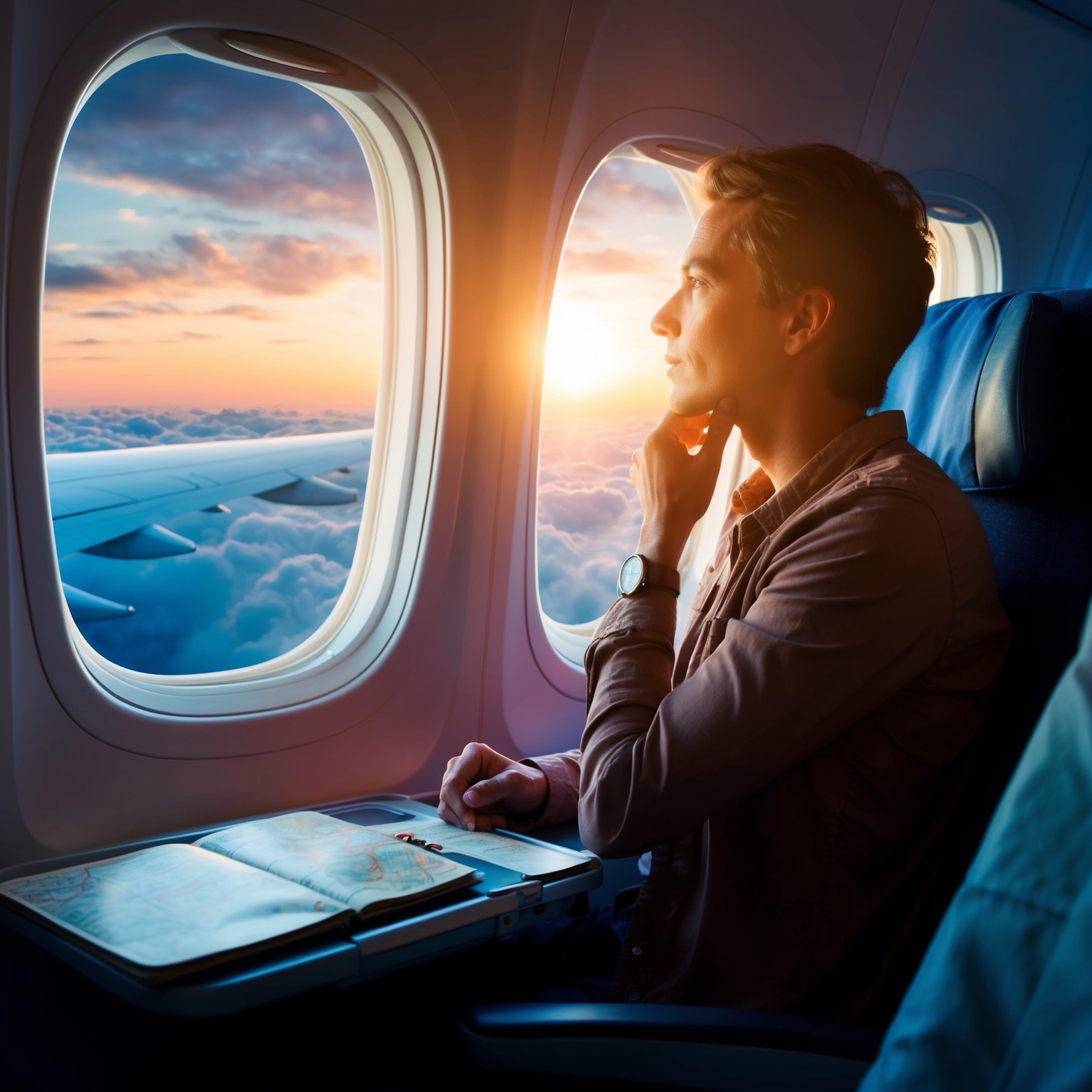 A contemplative traveler sitting by an airplane window during sunset, reflecting on a journey ahead. The outside view shows clouds and the city below, while inside, various travel memorabilia like a map and a journal lie on the tray table. Captures the feelings of nostalgia, anticipation, and introspection.