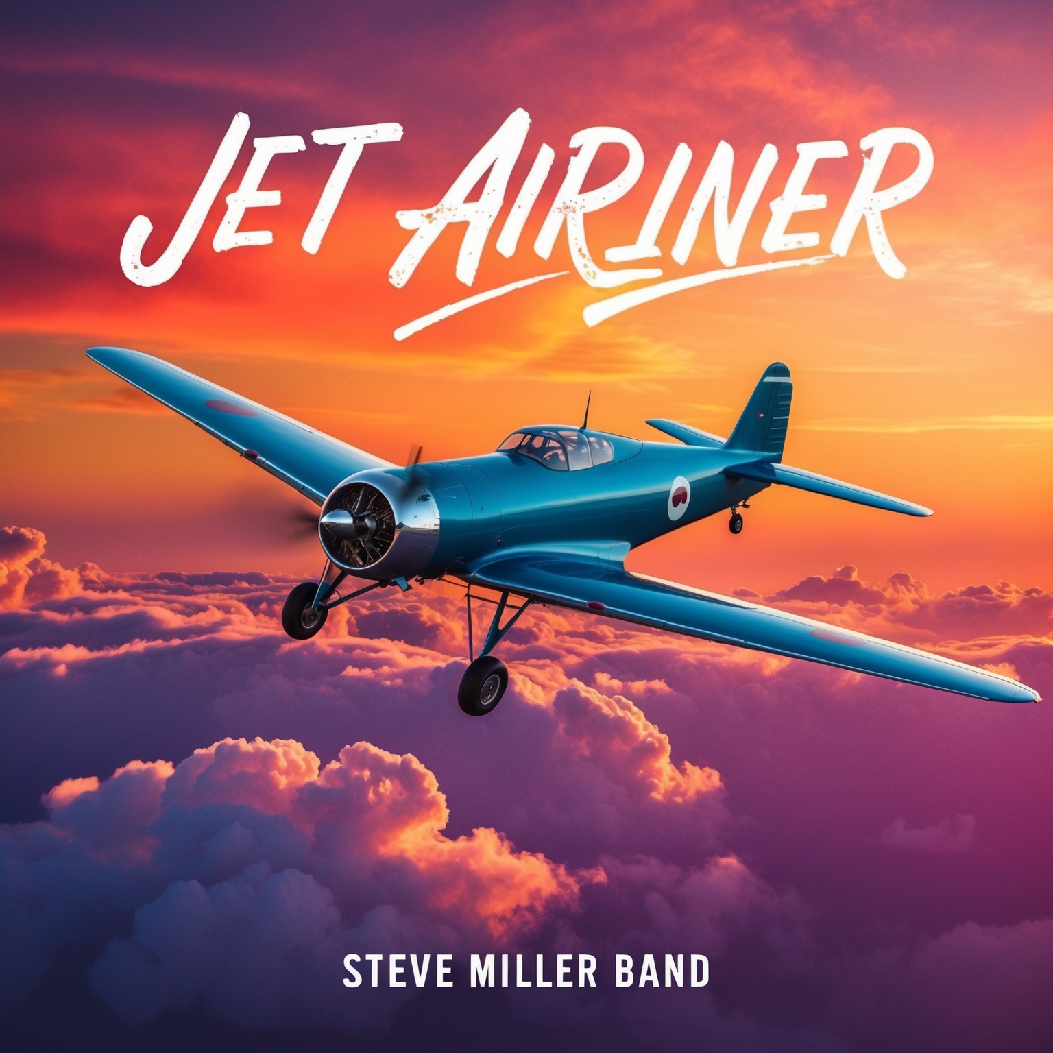 Illustration of a vintage airplane soaring above the clouds, set against a vibrant sunset background, symbolizing the theme of travel and adventure from the song 