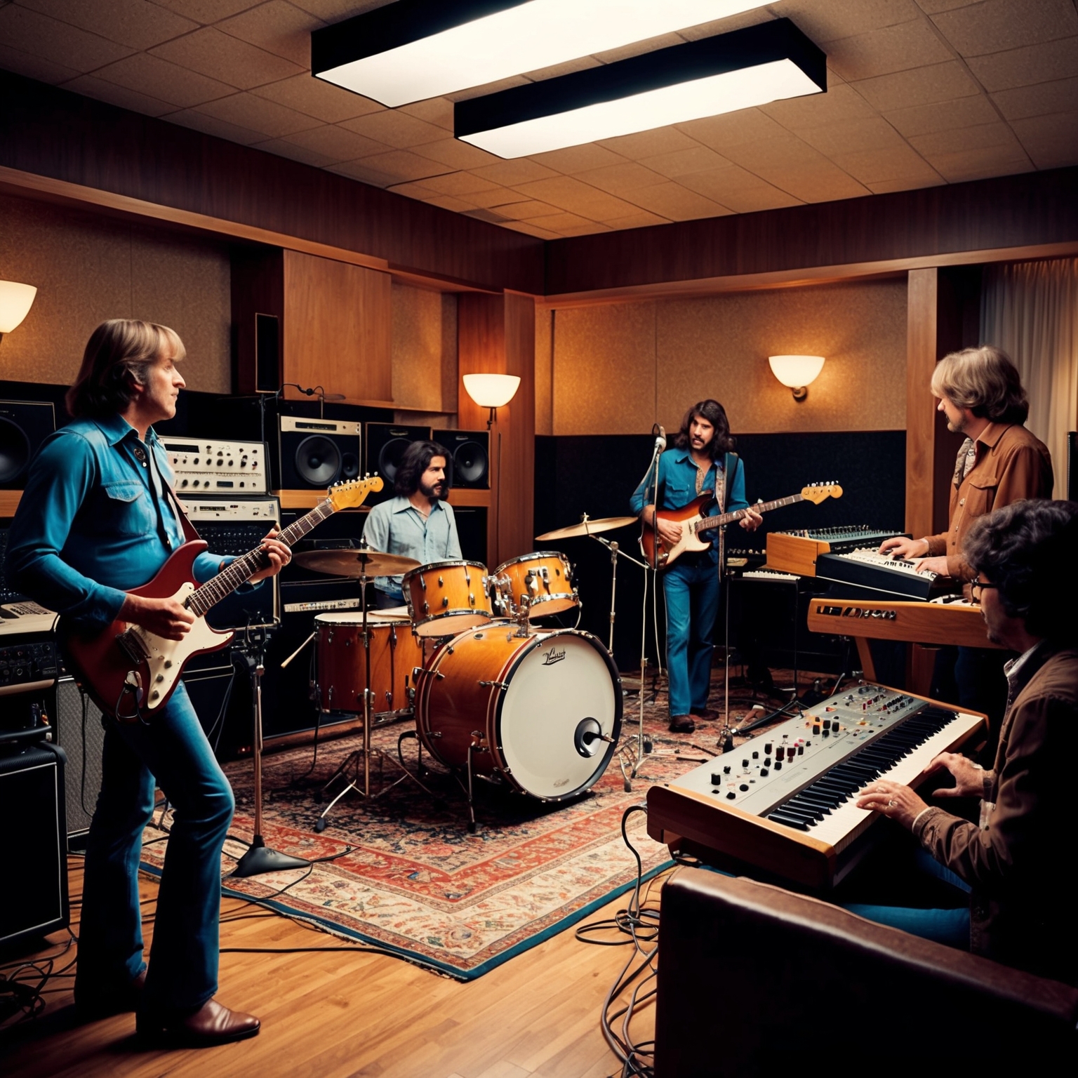 Create an image depicting a vintage recording studio in the 1970s with a band playing instruments such as electric guitars, drums, and keyboards. The studio should have iconic 70s decor with analog recording equipment and a producer at the mixing console. Capture a sense of live energy and creativity, showing musicians in the midst of recording a classic rock track.